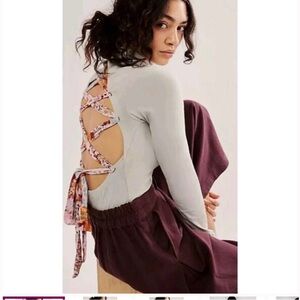 Free People Light Gray Top with Floral Lace-Up Back